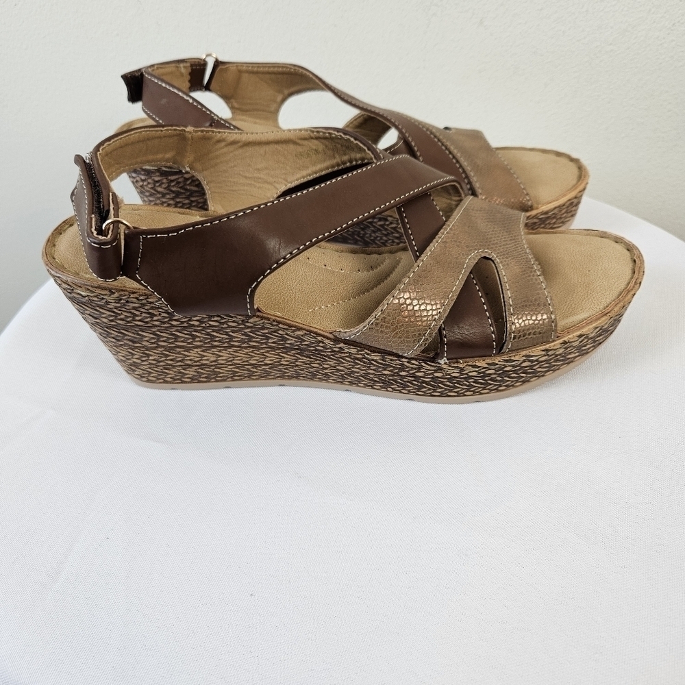 Patrizia by Spring Step Brown Faux Leather Wedge Sandals | Mid Heel Size 10